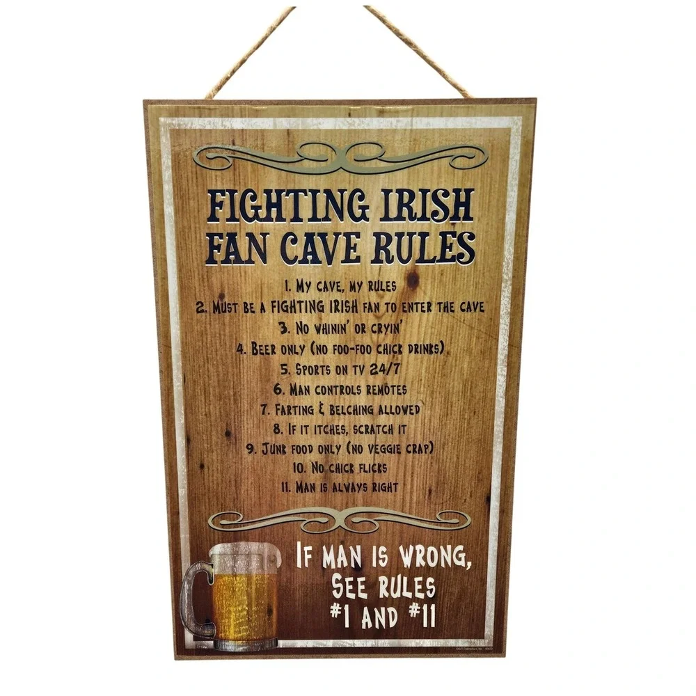 Fighting Irish Fan Cave Rules Wooden Sign 10x16 Love & Laughter Sports Decor USA